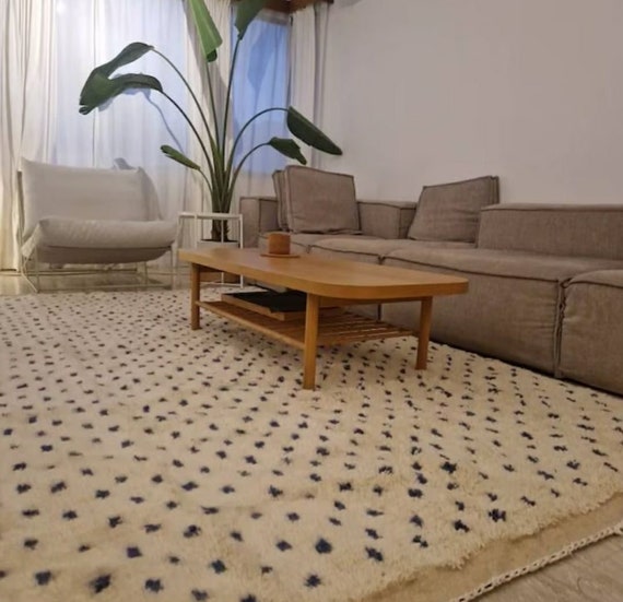 AMAZING DOOTED RUG, Soft Beni Ourain Rug, High-Quality Moroccan Wool Rug, White & blue Rug, Custom Size Area Rug, Handmade Berber Carpet