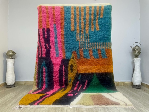 AMAZING MOROCCAN Rug Blue - minimalist striped design - Soft Beni Ourain Rug, High-Quality Moroccan Wool Rug - Handmade Berber Carpet