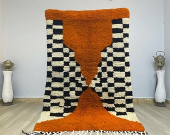 Tapete laranja marroquino feito à mão: tapete de lã xadrez boho