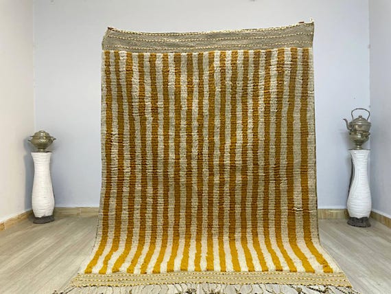 Amazing Moroccan Rug - Mustard Striped Rug - Handmade Morrocan Rug, Authentic Berber Rug, Bohemian Style Rug For Living Room .