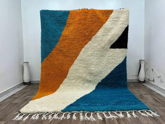 AMAZING MOROCCAN ORANGE Rug - Blue Morrocan Rug, Wool Funky Rug - Authentic Berber Rug, Bohemian Style Rug For Living Room.