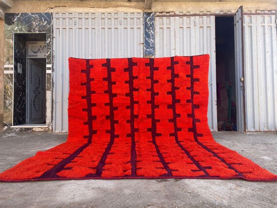 Orange & Burgundy Moroccan Rug – Handwoven  Checkerboard Wool Rug, Bohemian Style
