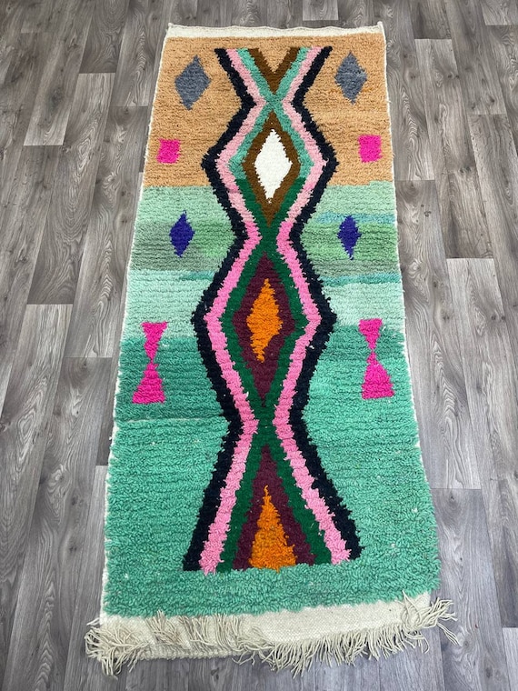 Abstract Multicolored Carpet, Handmade green Moroccan Rug, Bohemian green rug, green berber runner rug
