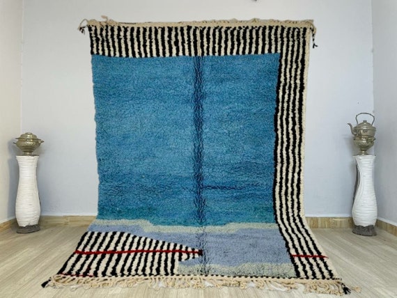 Steel Blue BENI OURAIN RUG, Custom Handwoven Moroccan rug, Handmade Striped Berber rug, Custom Fabulous Boujad Rug, Authentic Morrocan Rug
