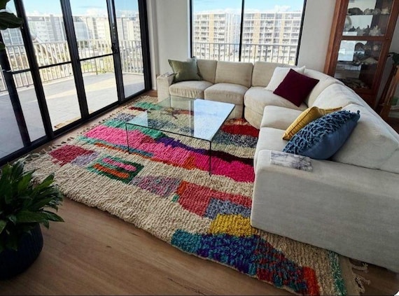 Multicolor Moroccan Rug 8x10- Pink & Green Abstract Berber Carpet - Handmade Tribal Area Rug - Maximalist Boho Decor - Custom High Pile Shag