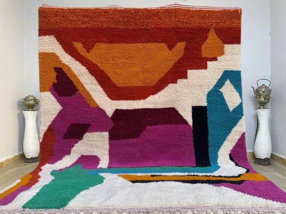 AMAZING MOROCCAN Beni ourain rug, Orange Morrocan rug, Moroccan Rug 8x10, Authentic rug, Berber Rug, Bohemian Style Rug For Living Room.
