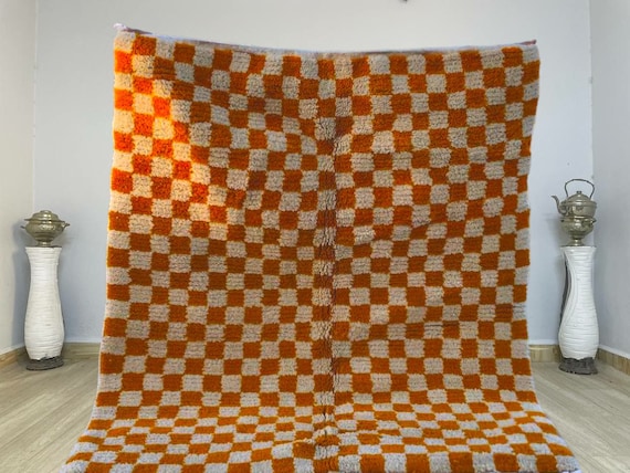 Moroccan checkered orange rugs, Handmade orange carpet, check orange rug, tumble rugs, pottery barn rugs, rugs for sale, jaunty rugs