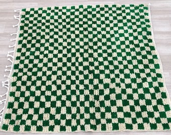 Green Checkered Wool Rug: Hand Woven Moroccan Beni Ourain Carpet