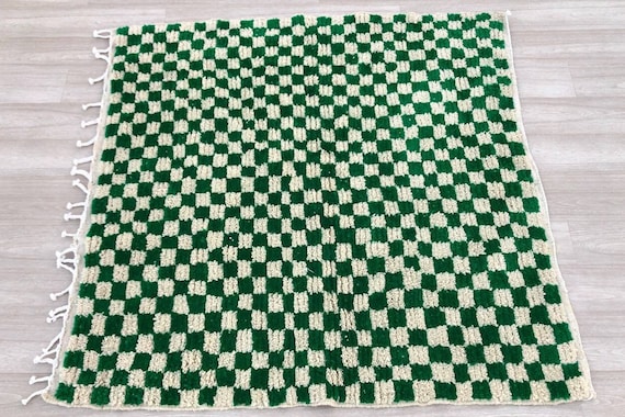 checkered green Rug Wool Hand Woven Genuine Moroccan Beni Ourain Carpet Soft Shag Artistic Oriental checker moroccan rug , plaid rug