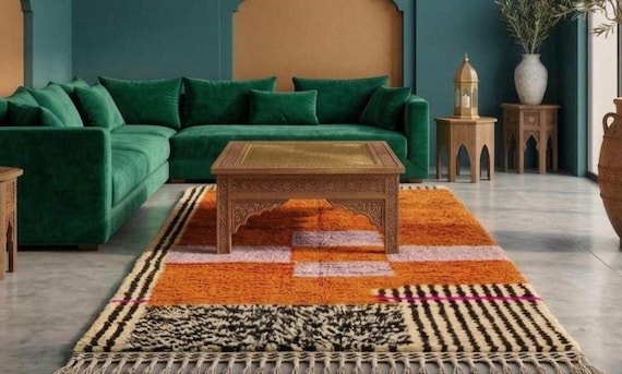 Hand-Knotted Orange Moroccan Berber Rug – Bohemian Wool Living Room Carpet
