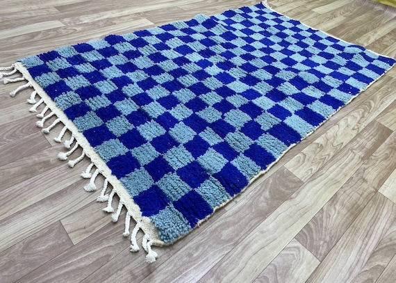 MOROCCAN BLUE CHECKERED Rug, Custom Moroccan Rug, Berber Rug, Beni Ourain Rugs, Moroccan Rug, White Carpet, Handgefertigter Teppich