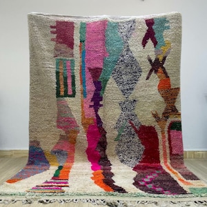 Abstrakter Mehrfarbiger Marokkanischer Teppich Handgemachter Berber Teppich Grün & Rosa - Einzigartiger Hochflor Teppich