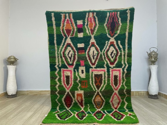 Moroccan carpet rug green - moroccan carpet green blue, beni ourain rug ivory green, beni ourain rug wool handmade berber