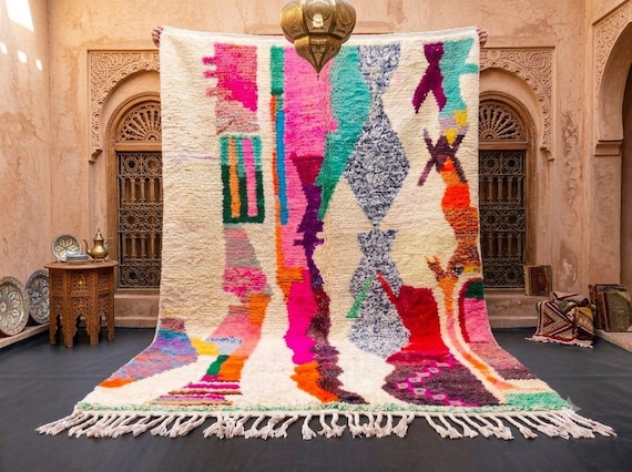 Multicolor Moroccan Area Rug 8x10 - Hanmade Boujad Berber Wool Carpet - Maximalist Boho Decor - Custom High Pile Shag - Pink & Green