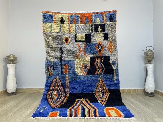 Blue Handmade Morrocan Rug, Custom Moroccan Rug, Berber Rug, Beni Ourain Rugs, Moroccan Rug, White Carpet, Handgefertigter Teppich