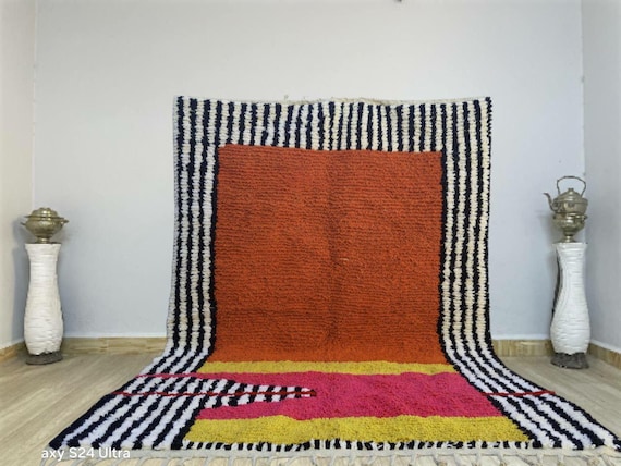 Handmade Beni Ourain Wool Rug: Pink & Orange Geometric Carpet