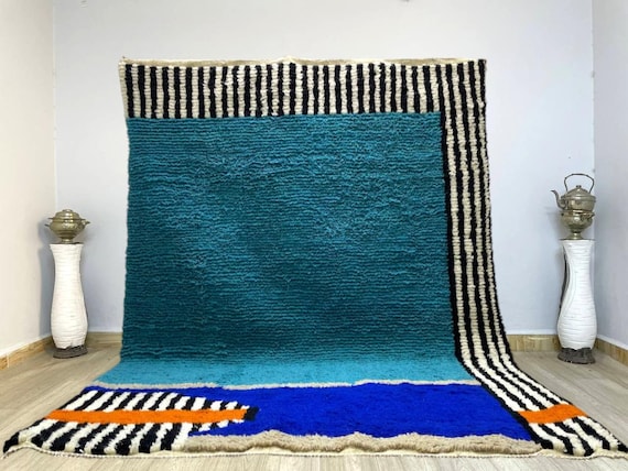 AMAZING ORANGE and Blue MOROCCAN Rug - Handmade Morrocan Rug, Authentic Berber Rug, Bohemian Style Rug For Living Room .