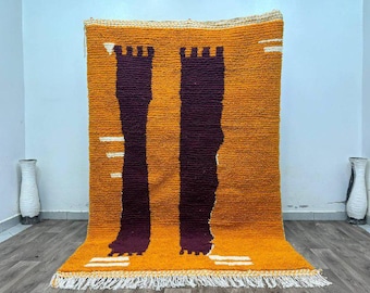 Hand-Knotted Moroccan Wool Rug: Orange Checkerboard Bohemian Style