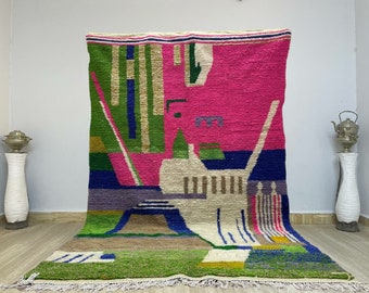 Handmade Beni Ourain Rug: Abstract Wool, Light Green & Pink