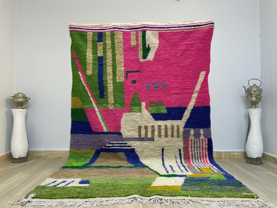 STUNNING BENIOURAIN RUG, Handmade Wool Rug, Moroccan Rug, Abstract Light Green And Pink Rug, Sheep Wool Rug, Handwoven Rug,Azilal Berber Rug