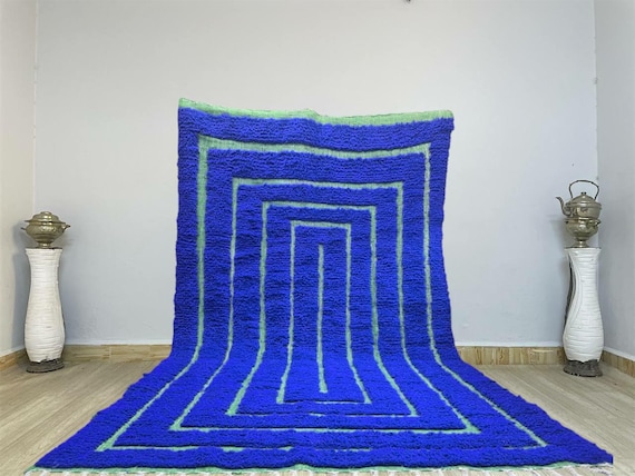 Handmade Moroccan Berber Rug: Solid Blue Wool, Custom Size
