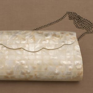 Handmade Mother of Pearl Clutch Purse – Mosaic Shell Evening Bag with Chain Strap, Wedding & Party Handbag for Women