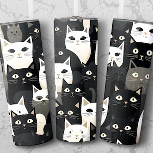 Gatos de dibujos animados en blanco y negro, sublimación de vaso flaco de 20 oz, envoltura recta y cónica, amantes de los gatos gatos de dibujos animados regalo Png, descarga instantánea