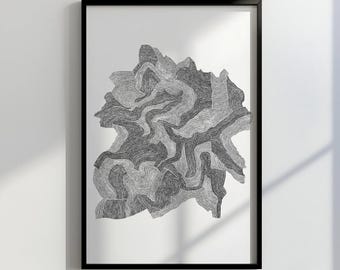 May include: Abstract black and white art print in a black frame. The artwork features a textured, organic shape with intricate lines and patterns, creating a dynamic visual effect. The print is displayed on a white wall, with shadows adding depth.