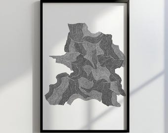 May include: Black framed art print featuring a grayscale abstract design. The artwork showcases a textured, organic shape composed of numerous parallel, wavy lines. The print is displayed against a white wall, with a shadow cast across the surface.
