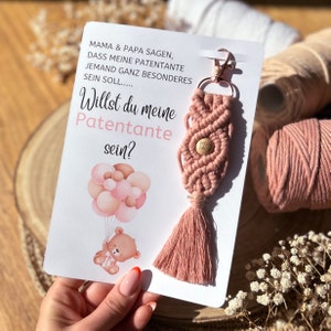 Grußkarte mit Makramee Schlüsselanhänger | Taschenanhänger | Holzkugel mit Gravur | Willst du meine Patentante sein? | Baby | Taufe