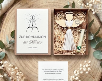 Personalisiertes Geldgeschenk zur Kommunion | Geschenkbox mit Makramee Schutzengel & Reagenzglas | Kommunion Geschenk mit Name
