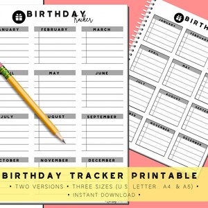 Birthday Tracker Printable (2 versions) - Organizer A4, A5, Letter Portrait Planner