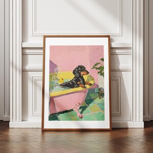 Art Poster | DACHSHUND BATH TIME - Digital Download | Funny Pet Poster, Pastel Bathroom Wall Art, Whimsical Dog Illustration