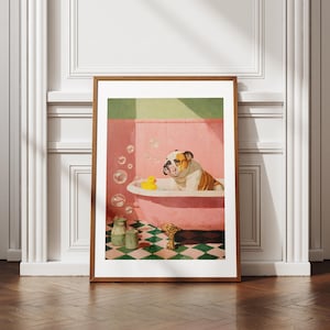 Art Poster | BULLDOG BATHDOG - Digital File | Funny Bulldog Bath Scene, Pink Tub Wall Art, Playful Pet Illustration for Home & Kids Room
