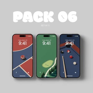 May include: Three smartphones displaying unique wallpapers. The first features a basketball court design, the second a golf course, and the third a pool table. The text "PACK 06" and "SET OF 3" are at the top. Each screen shows "Friday, March, 20" and the time "9:41".