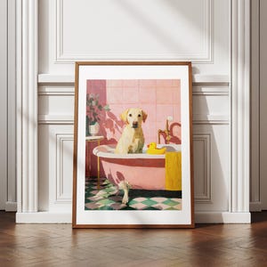 Art Poster | LABRADOR BATHDOG - Digital File | Funny Bulldog Bath Scene, Pink Tub Wall Art, Playful Pet Illustration for Home & Kids Room