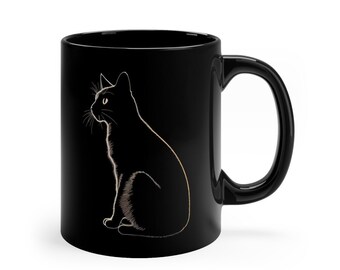 Black cat mug 11oz for coffee, Cat coffee mug perfect gift for cat lovers, Black mug with cat design simple cat silhouette outline