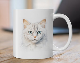 Coffee Cat Mug, Adorable coffee mug white cat design, 11oz mug for tea cute pet design, Good mug gift for cat lover, Coffee mug cute kitten