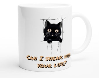 Cat mug 11oz coffee gift, Funny cat mug facing cute black cat design perfect gift for cat mum or pet lover, Tea mug with cat design