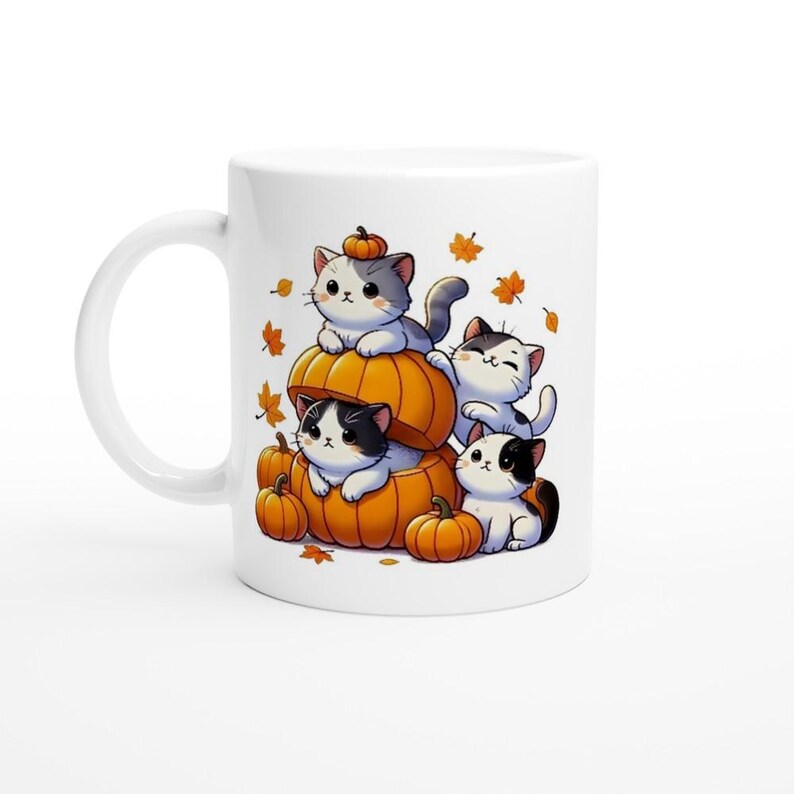 Taza de otoño con diseño de gatitos y calabazas / Taza de café de otoño para Halloween / Lindo regalo para amantes de los gatos / Taza de gatitos, linda taza de gatos, idea de regalo para Halloween imagen 3