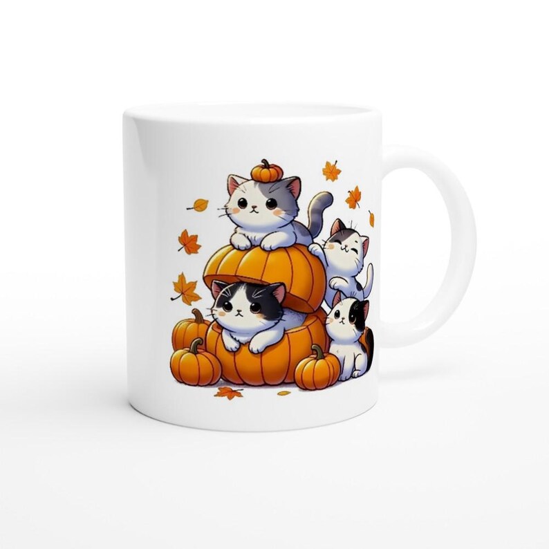 Taza de otoño con diseño de gatitos y calabazas / Taza de café de otoño para Halloween / Lindo regalo para amantes de los gatos / Taza de gatitos, linda taza de gatos, idea de regalo para Halloween imagen 2