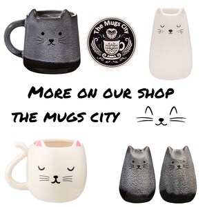 Collage of cat-themed mugs, salt and pepper shakers, and a mini vase with 'More on our shop The Mugs City' text and logo.