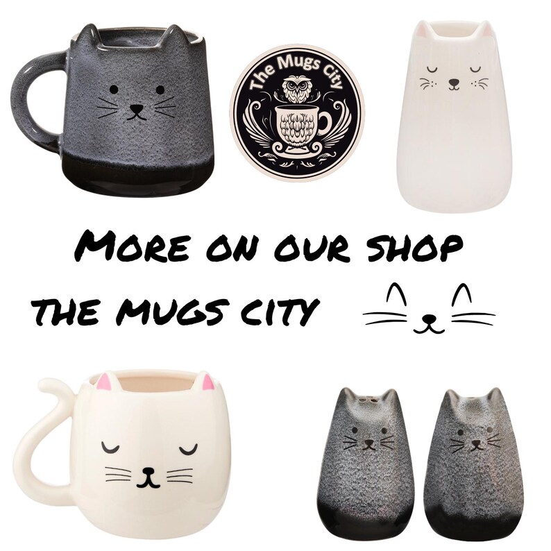 Collage of cat-themed mugs, salt and pepper shakers, and a mini vase with 'More on our shop The Mugs City' text and logo.