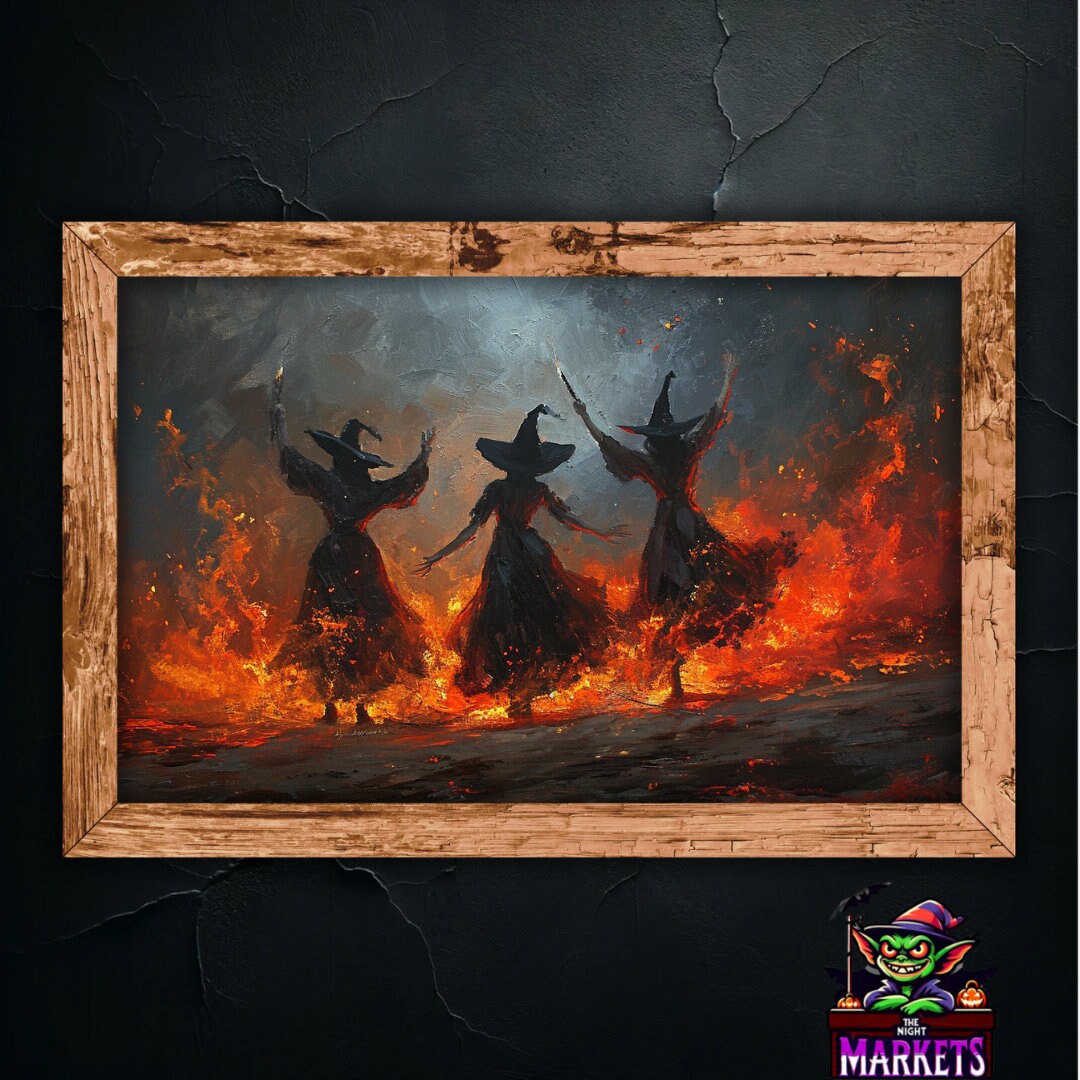 Dancing Witches Wall Art - Fire Witches in Gothic Painting, Enchanting Witch Dance