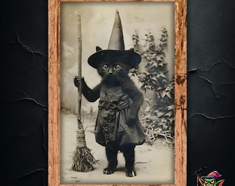 Vintage heks kat print, Halloween zwarte kat kunst aan de muur, spooky Home decor, heks en bezemsteel kunst, antieke kat kostuum poster