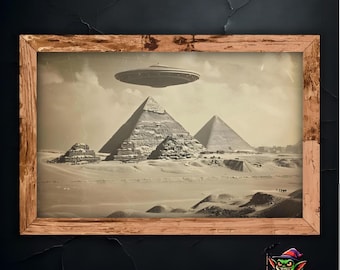 古代ピラミッドの壁画、エジプト上空のSF宇宙船、ヴィンテージ