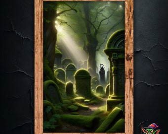 May include: A painting of a graveyard in a forest. The trees are tall and the ground is covered in moss. There are many tombstones, some of which are overgrown with vines. The sun is shining through the trees, creating a dappled light effect.