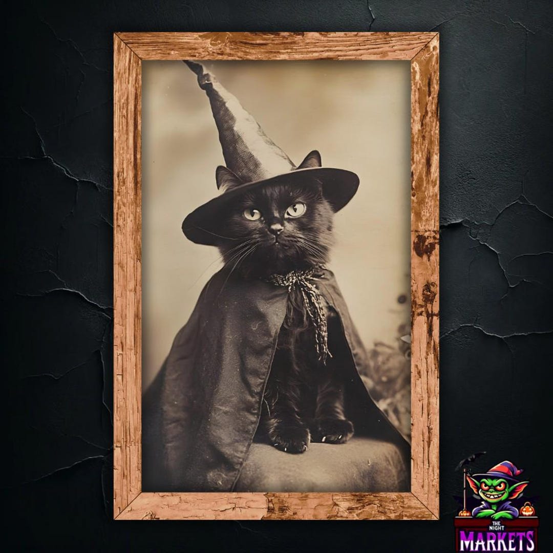 Vintage Witch Cat Wall Art Decor, Halloween Black Cat in Wizard Hat ...