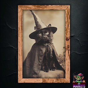 ヴィンテージ魔女猫の壁アート装飾、魔法使いの帽子をかぶったハロウィンの黒猫のプリント、不気味な動物の写真、ゴシックな家の装飾