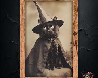Vintage Witch Cat Wall Art Decor, Halloween Black Cat in Wizard